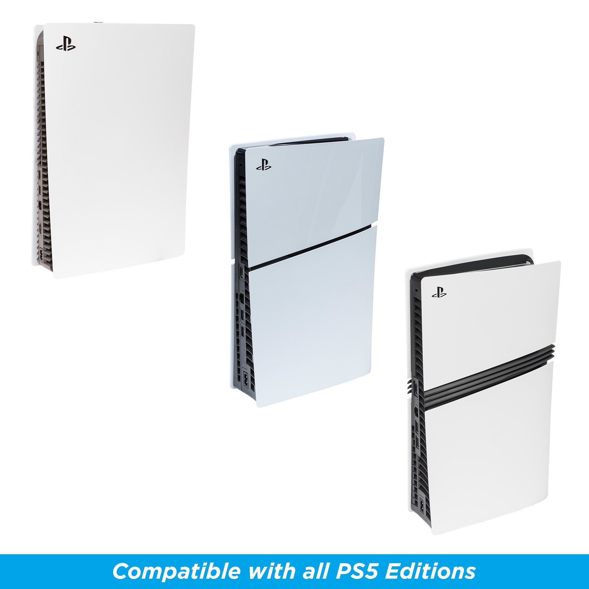 PS5, PS5 Slim and PS5 Pro consoles shown in a HIDEit 5S PlayStation 5 Wall Mount compatible with all PS5 Editions.