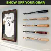 Baseball bat display with five bats wall mounted using the HIDEit Horizontal Bat Mount.