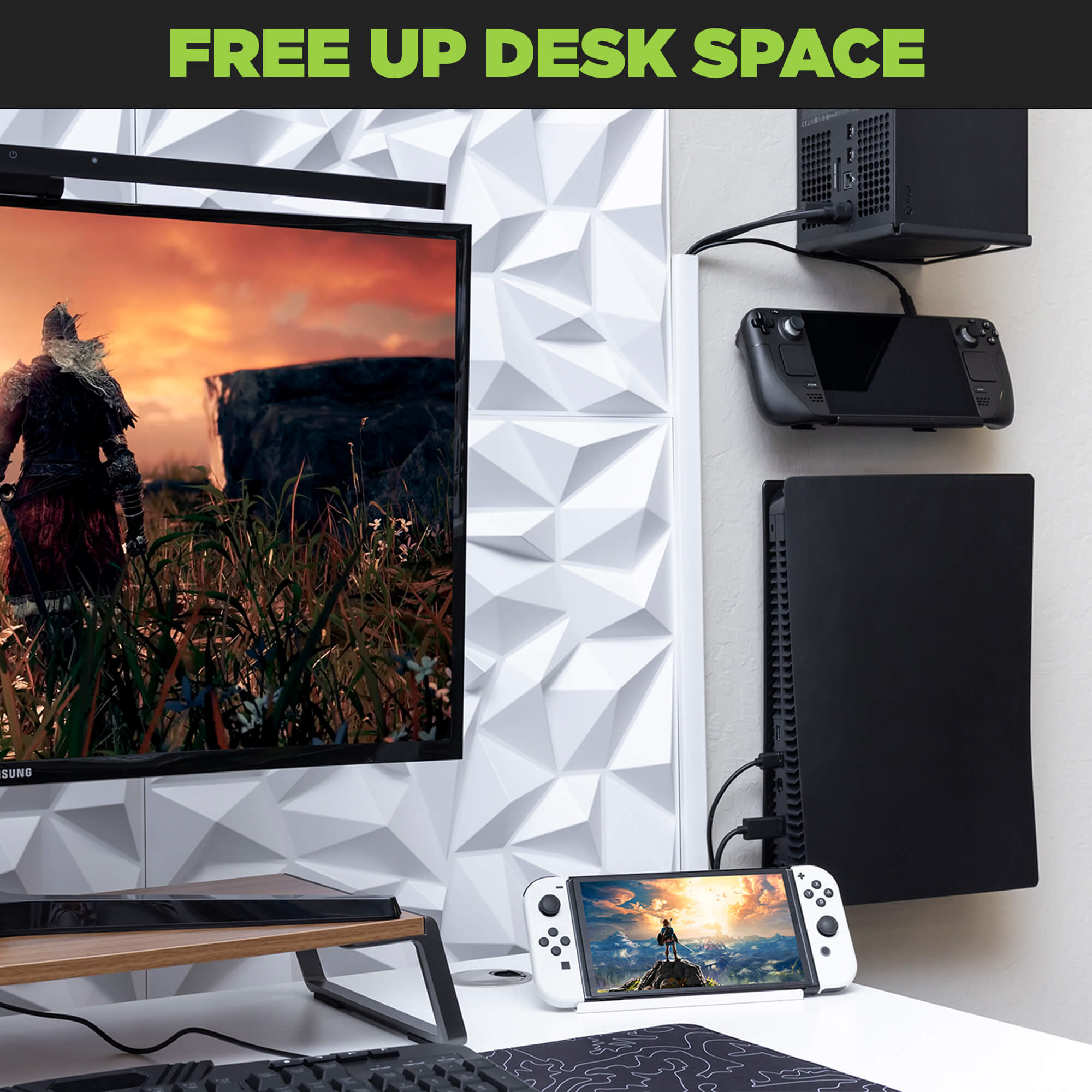 Free up desk space with the HIDEit Steam Deck Mount for handheld gaming devices.