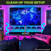 Game room setup displaying PlayStation controllers using HIDEit Uni-C Controller Mounts.