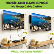 Cable box mounted behind the TV using HIDEit Universal Small Mount.