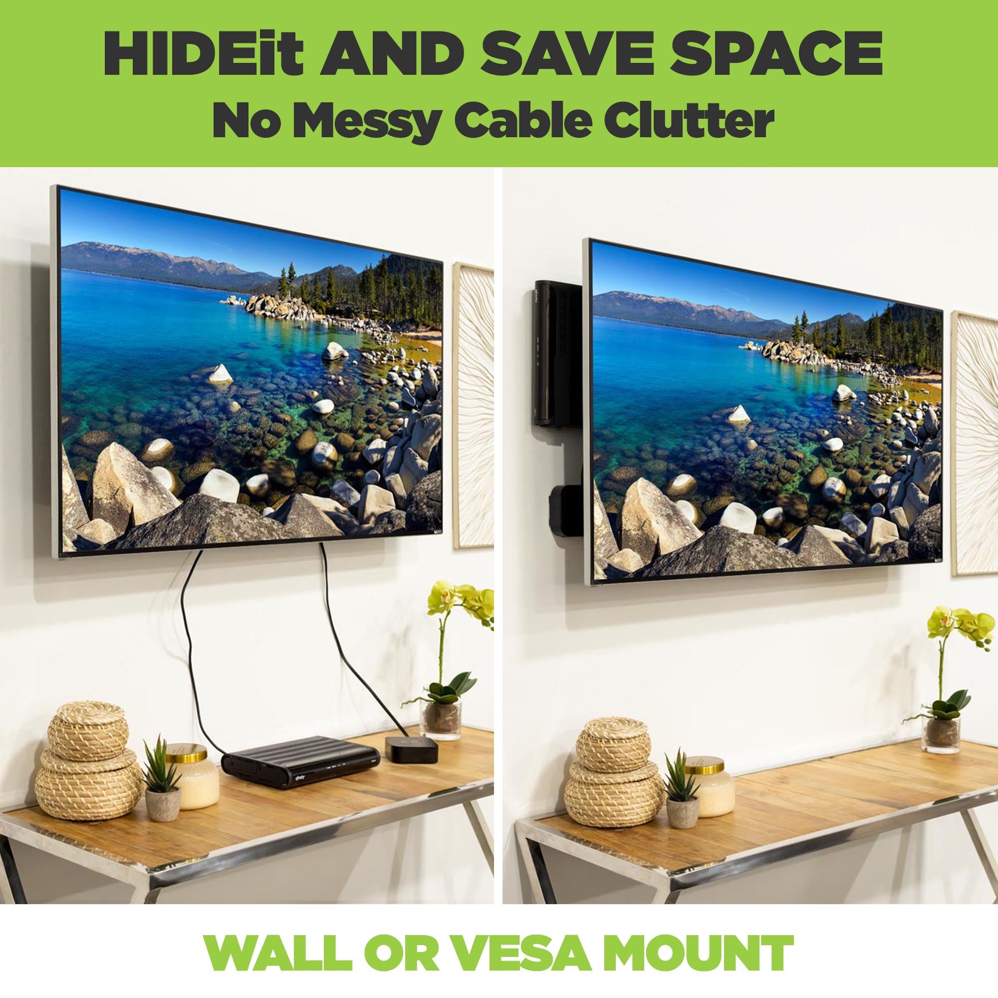 Cable box mounted behind the TV using HIDEit Universal Small Mount.