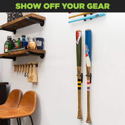 Two wall mounted custom baseball bats in a HIDEit Vertical Baseball Bat Wall Mount.