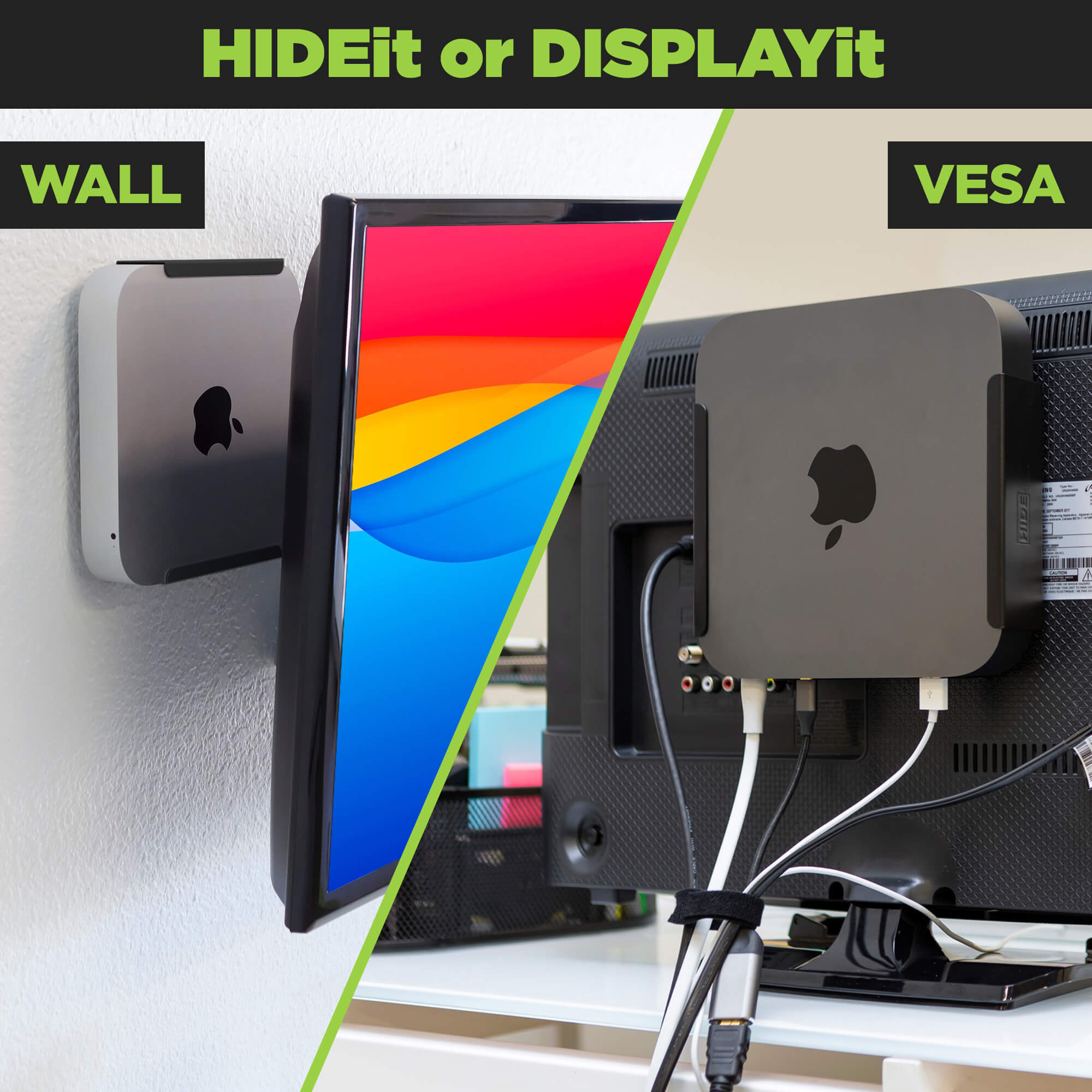 Apple Mac Mini Computers mounted on both the back of a monitor and the wall using a HIDEit wall mount.