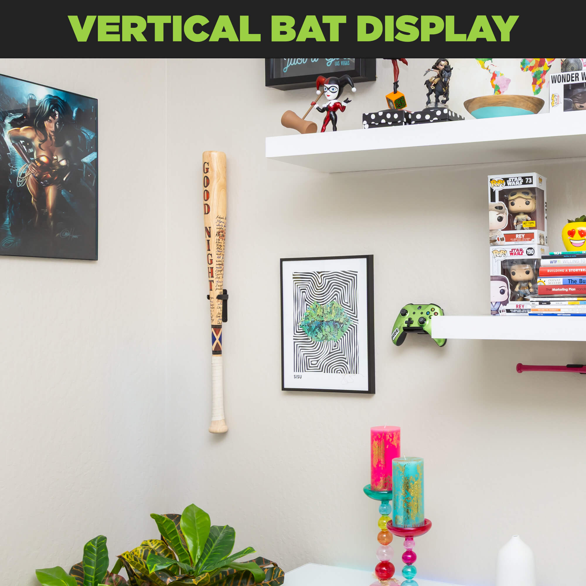 Office baseball bat display featuring custom bat using vertical bat holder from HIDEit Mounts.