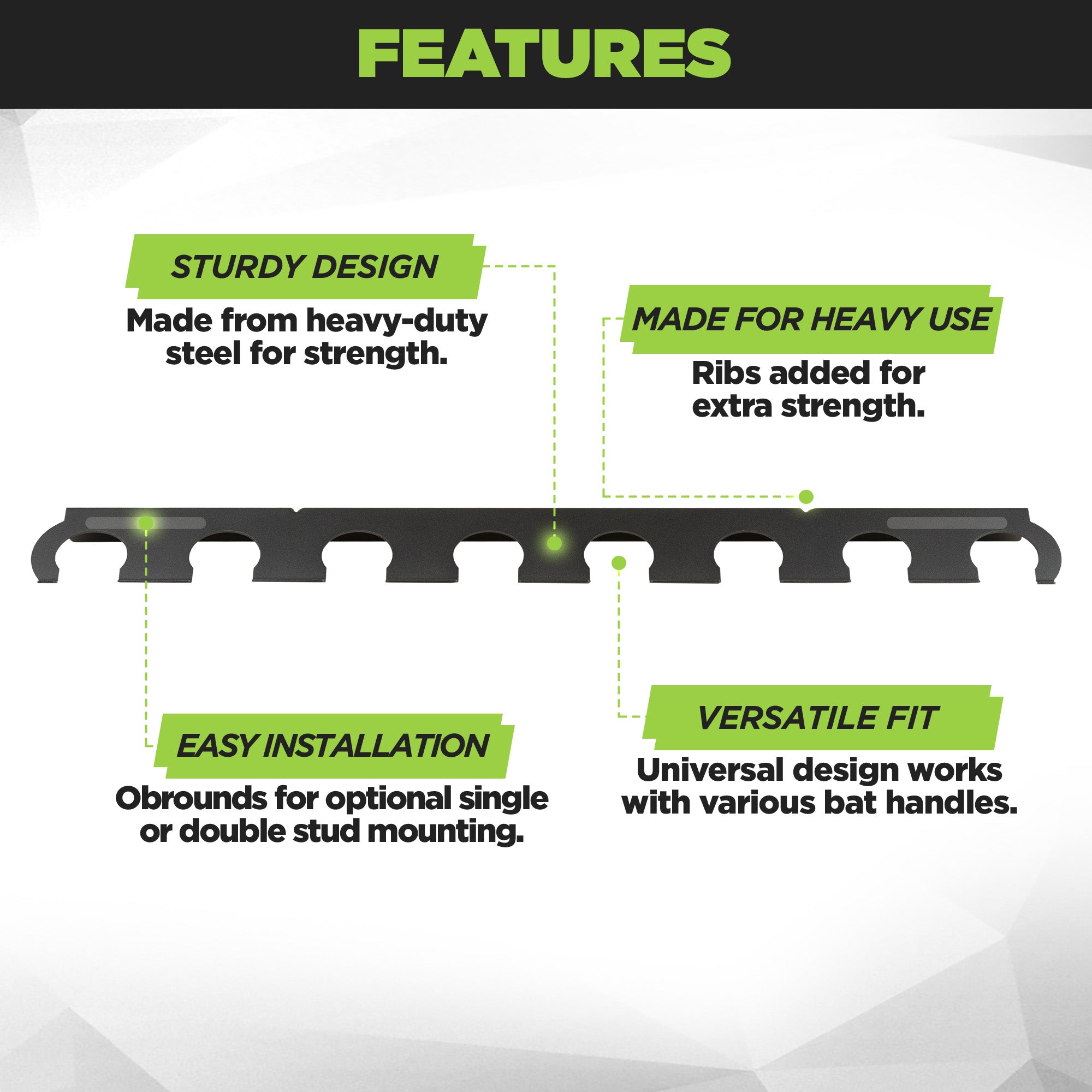 HIDEit 8Bat Baseball Bat Mount is made from heavy-gauge steel for extra strength.