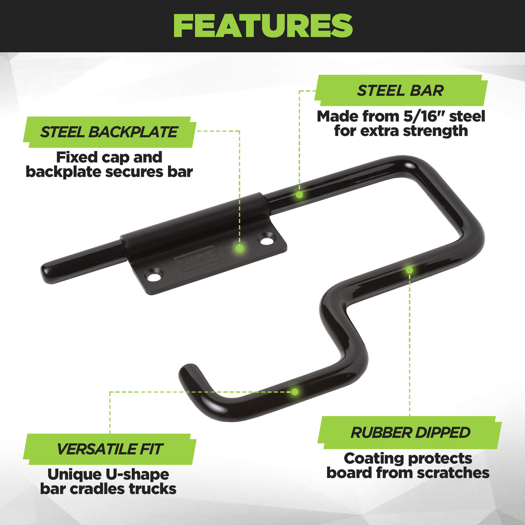 HIDEit Mounts skateboard wall mount is made from a steel bar for extra strength and rubber-dipped to protect the board.