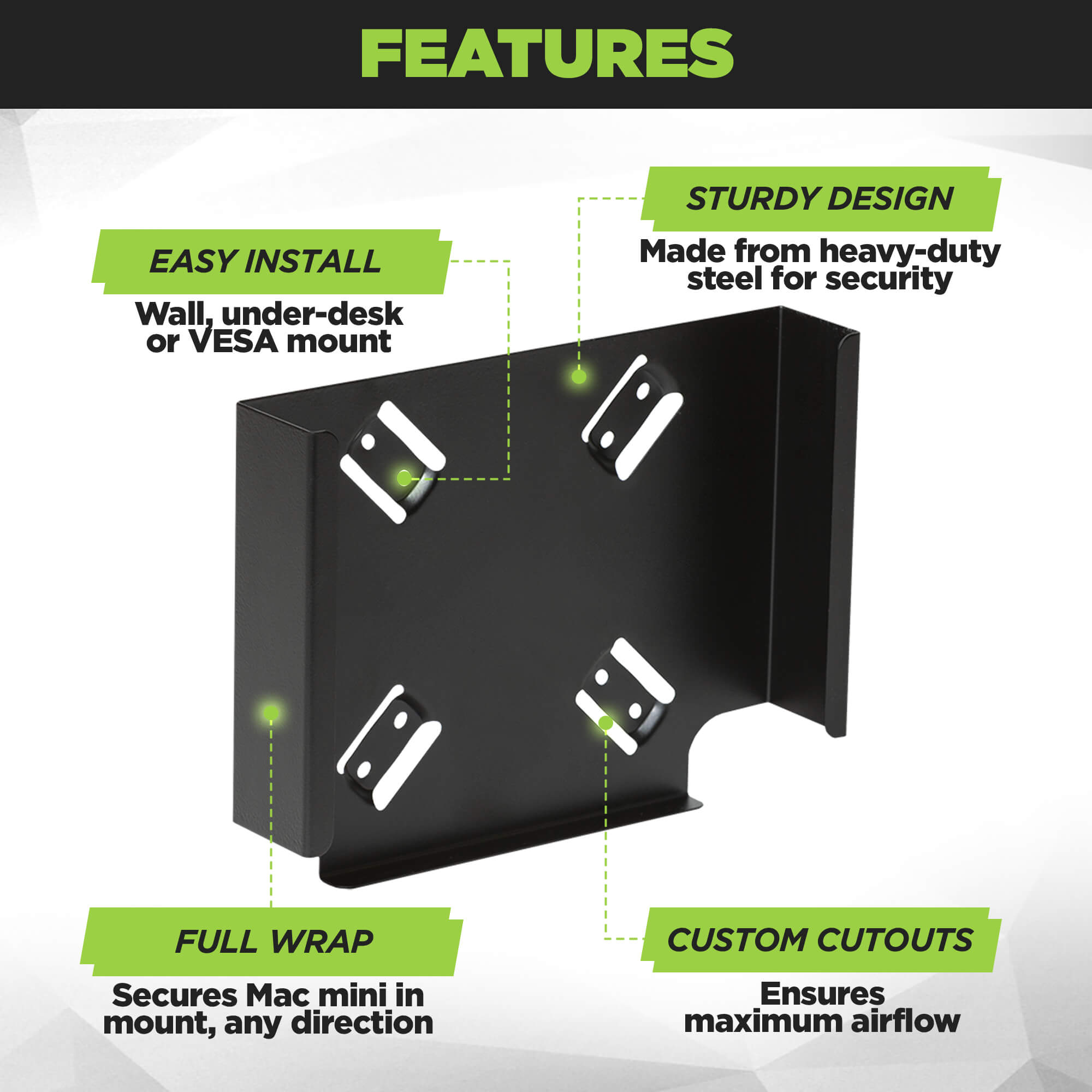 HIDEit MiniU VESA Mount is customized for proper airflow and easy installation.