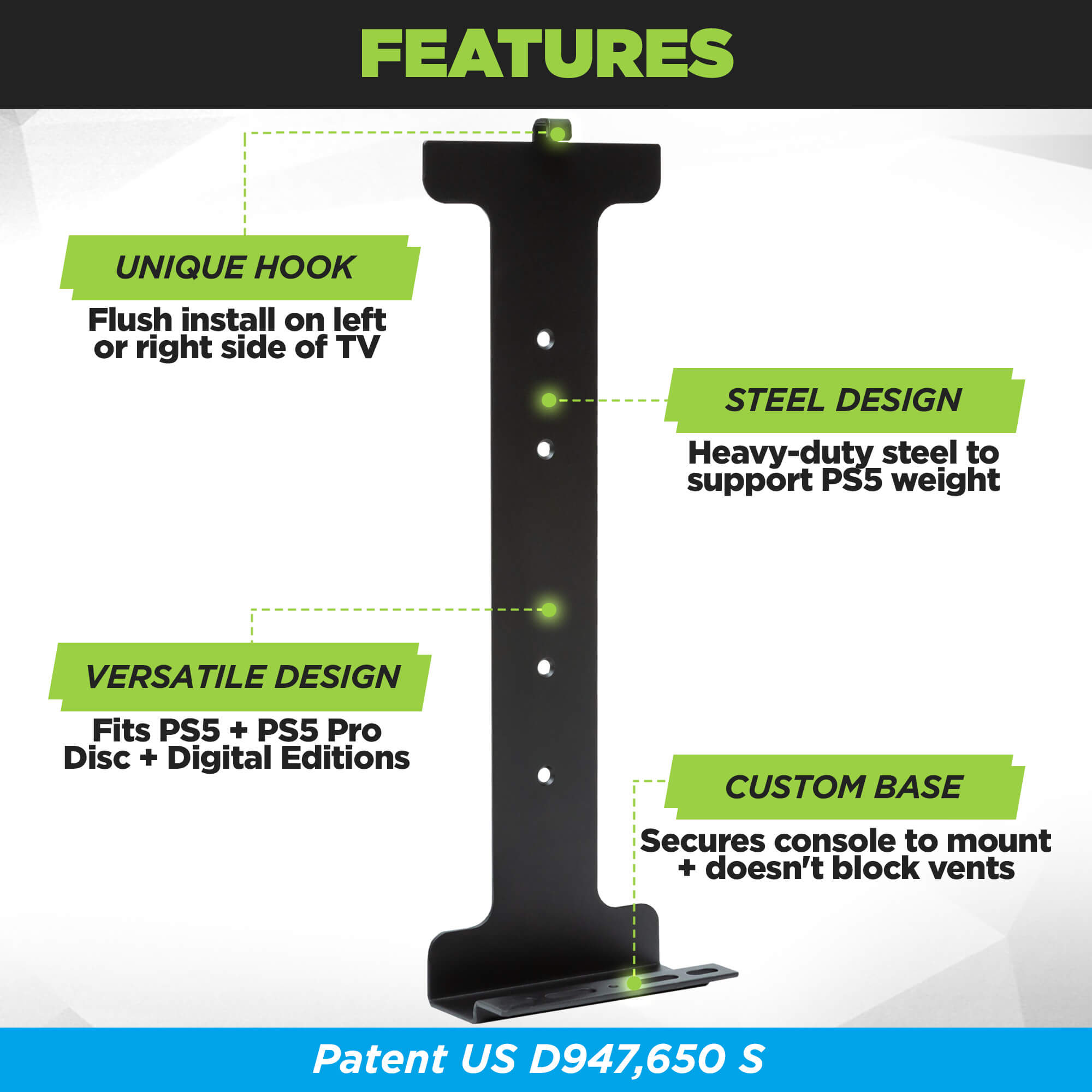 Sony Secure Mounting Mechanism helps to secure the PS5 + PS5 Pro in the HIDEit Wall Mount. Base of the wall mount supports most of the PS5 weight.