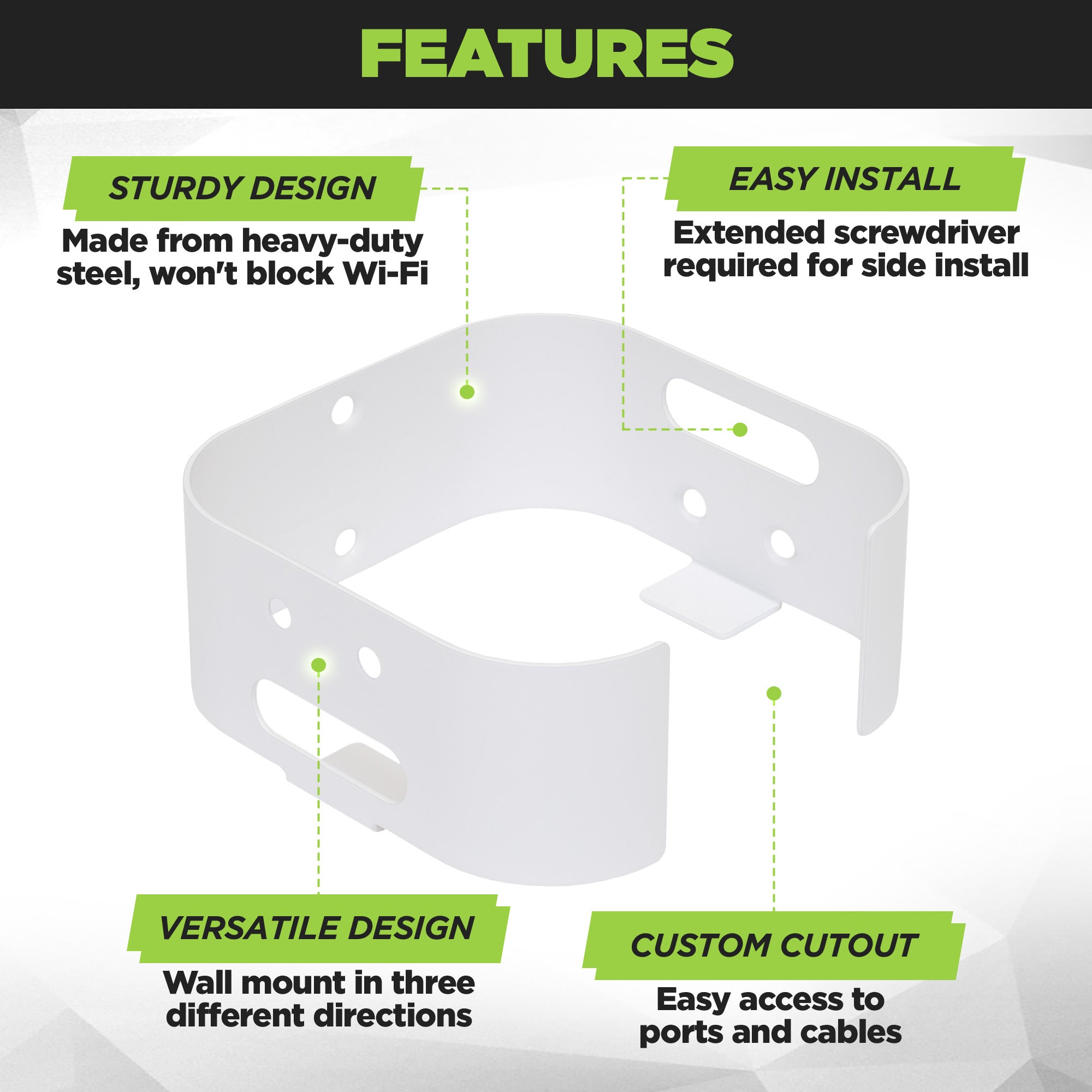 HIDEit XB8 router wall mount is made from heavy-gauge steel to properly support the device.