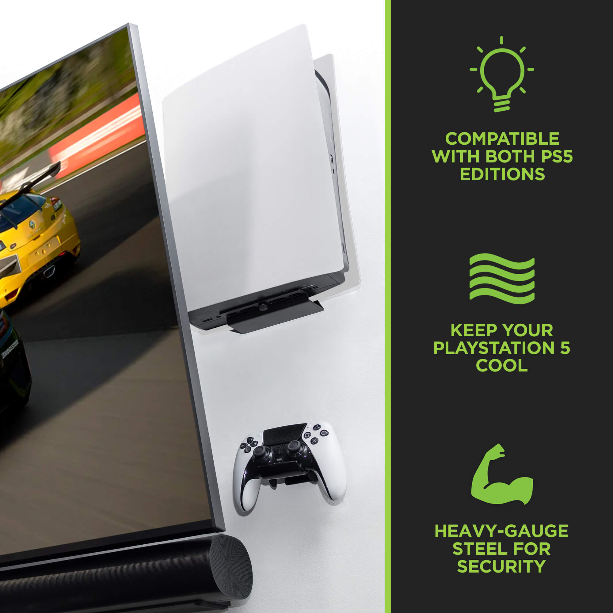 Original PS5 is wall mounted in the HIDEit 5S Mount behind a wall mounted TV with its DualSense controller wall mounted in the HIDEit Universal Controller Mount.