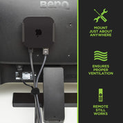The unique design of the HIDEit Apple TV 4K 3rd Generation Mount doesn't block any ports or cables, making it easy to HIDEit behind the TV.