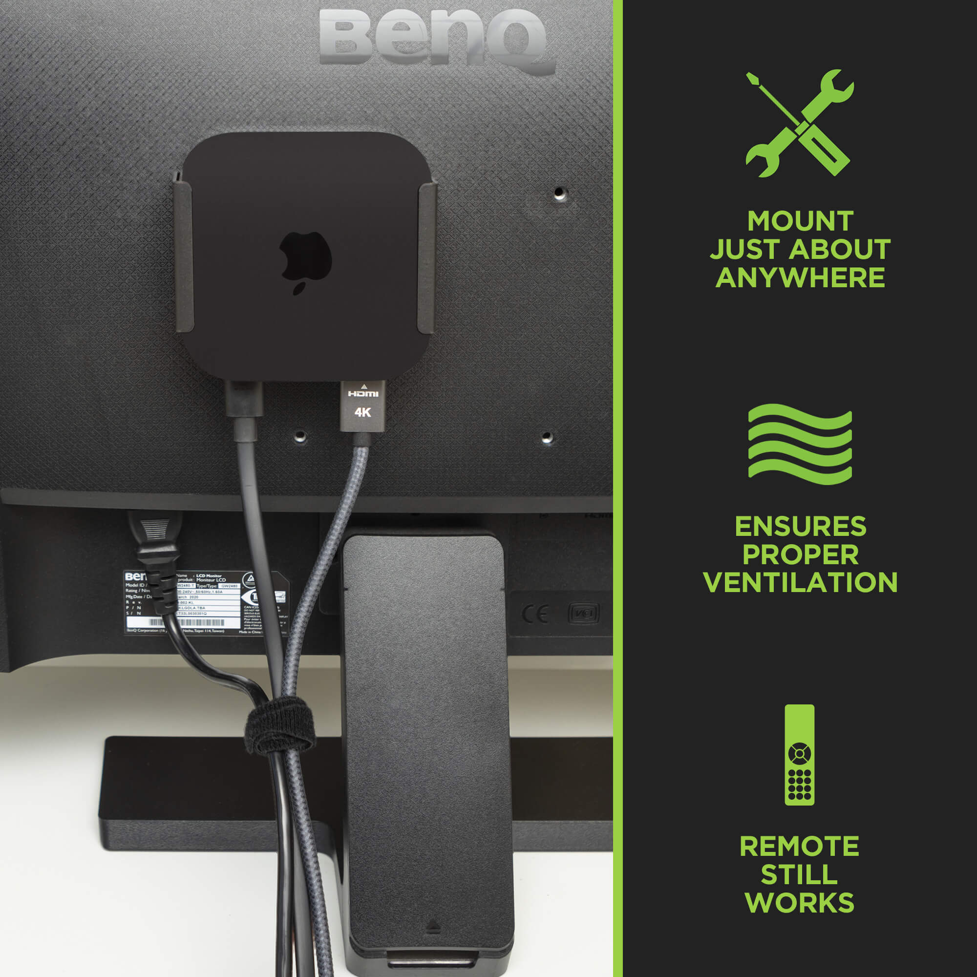 The unique design of the HIDEit Apple TV 4K 3rd Generation Mount doesn't block any ports or cables, making it easy to HIDEit behind the TV.