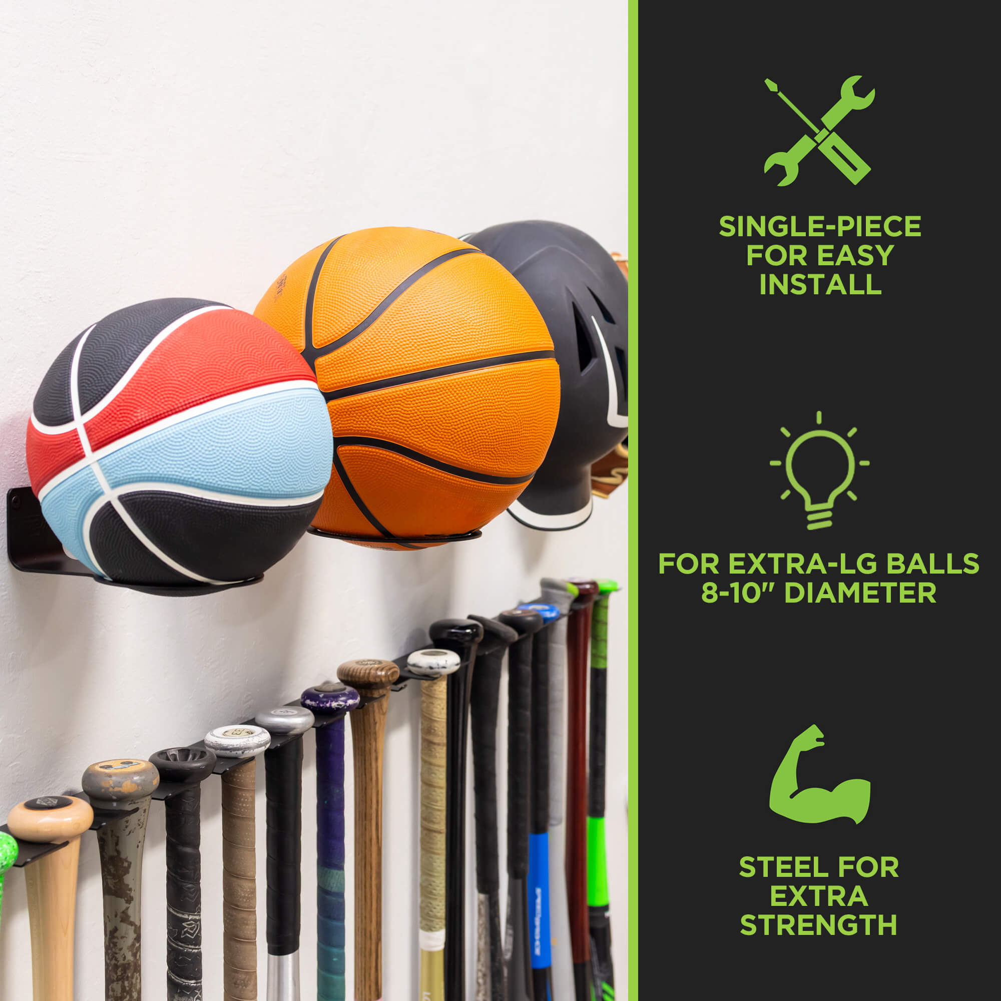 HIDEit Ball-XL Mounts holding basketballs and helmets on wall, made from strong steel for XL balls.