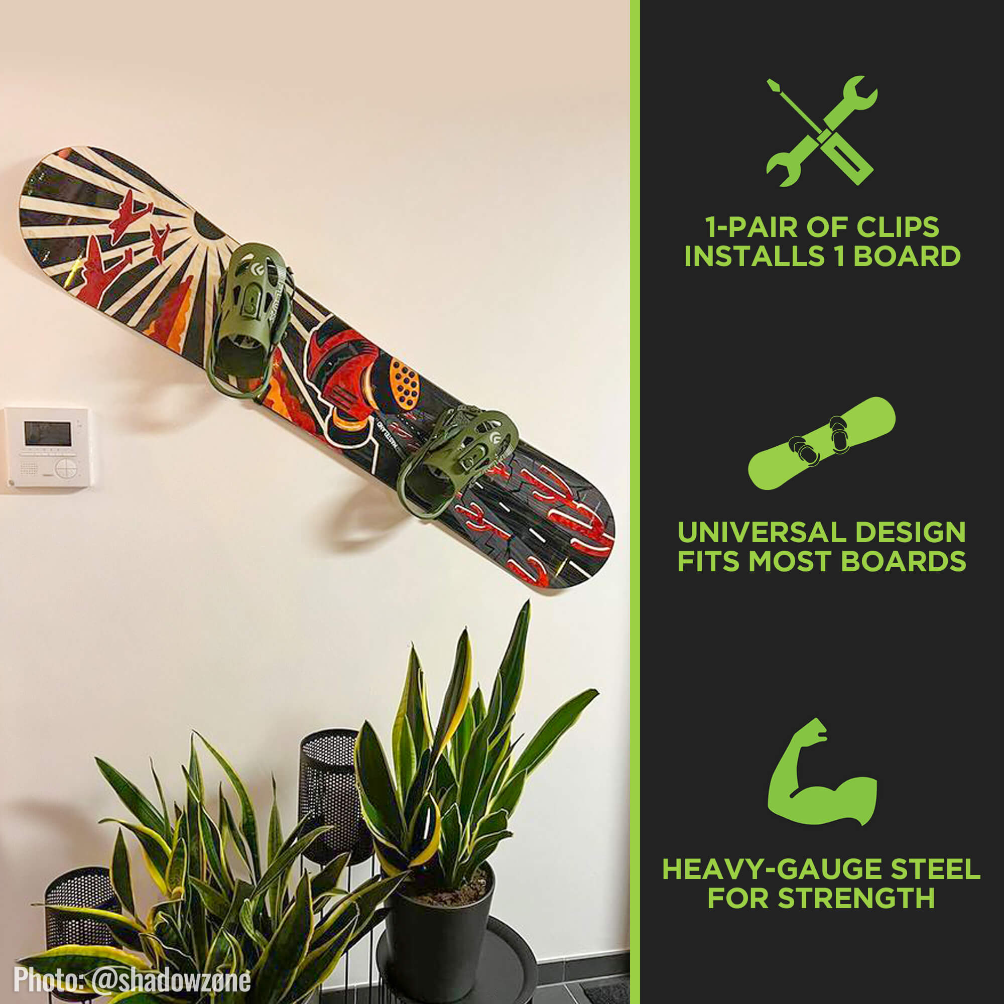 HIDEit HBoard Mount used to wall mount a snowboard at an angle on the wall.