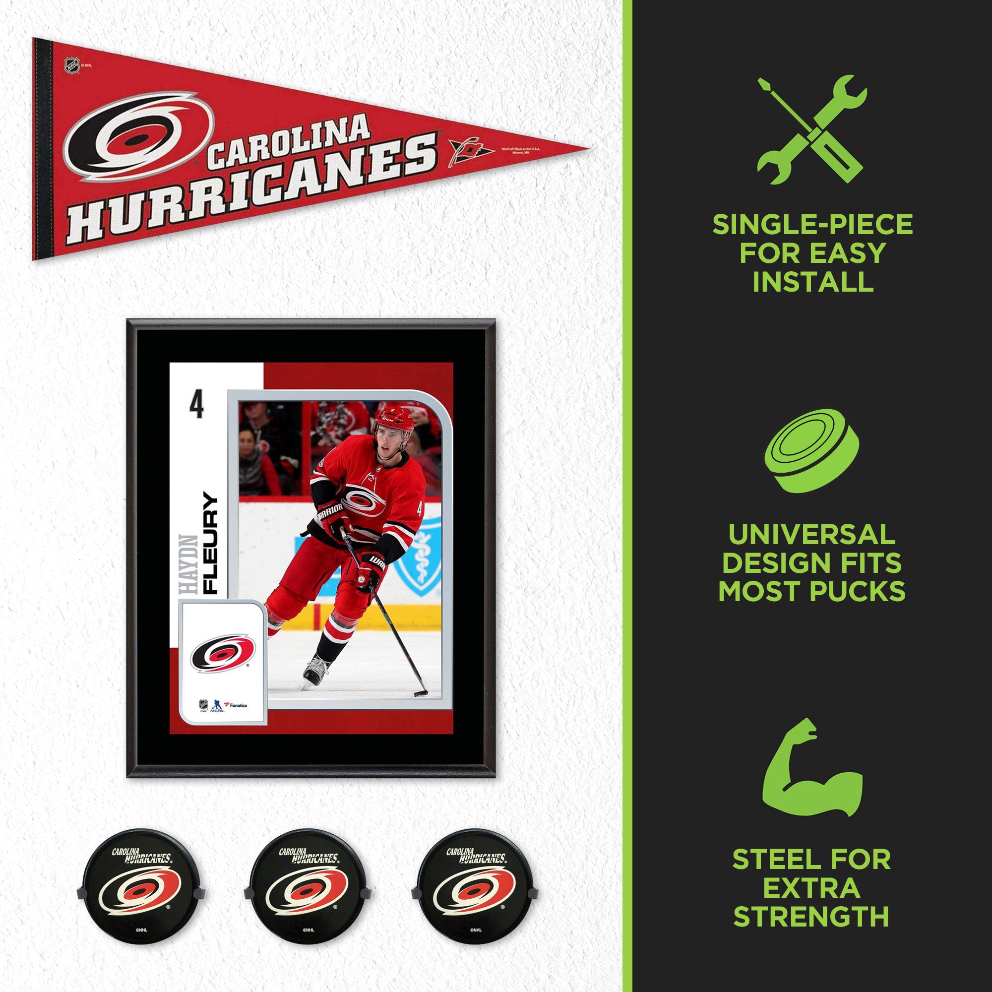 Three HIDEit Hockey Puck Wall Mounts displaying Carolina Hurricanes pucks in a hockey wall mount display.