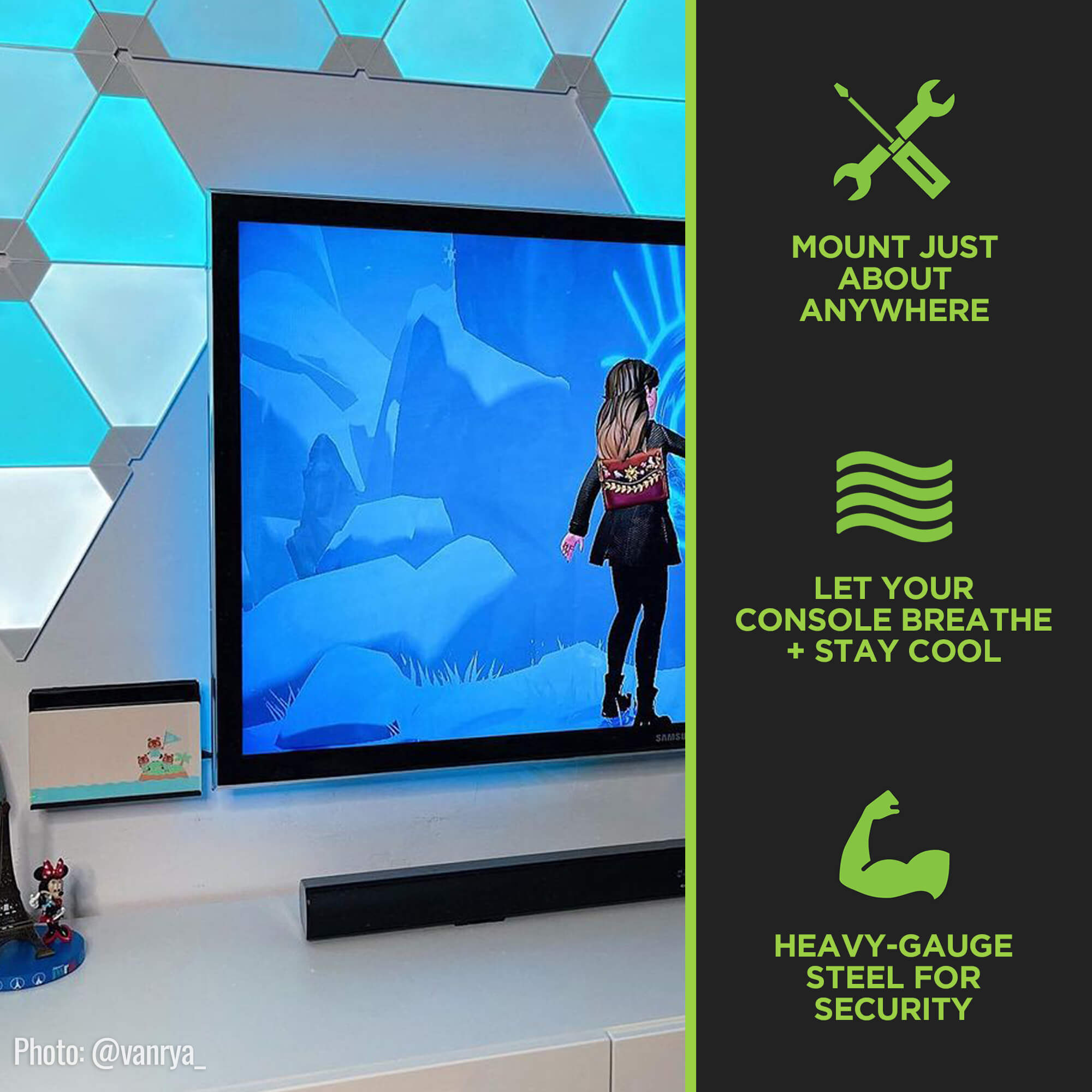 Custom Nintendo Switch wall mounted next to TV using a HIDEit Mount for Nintendo Switch.