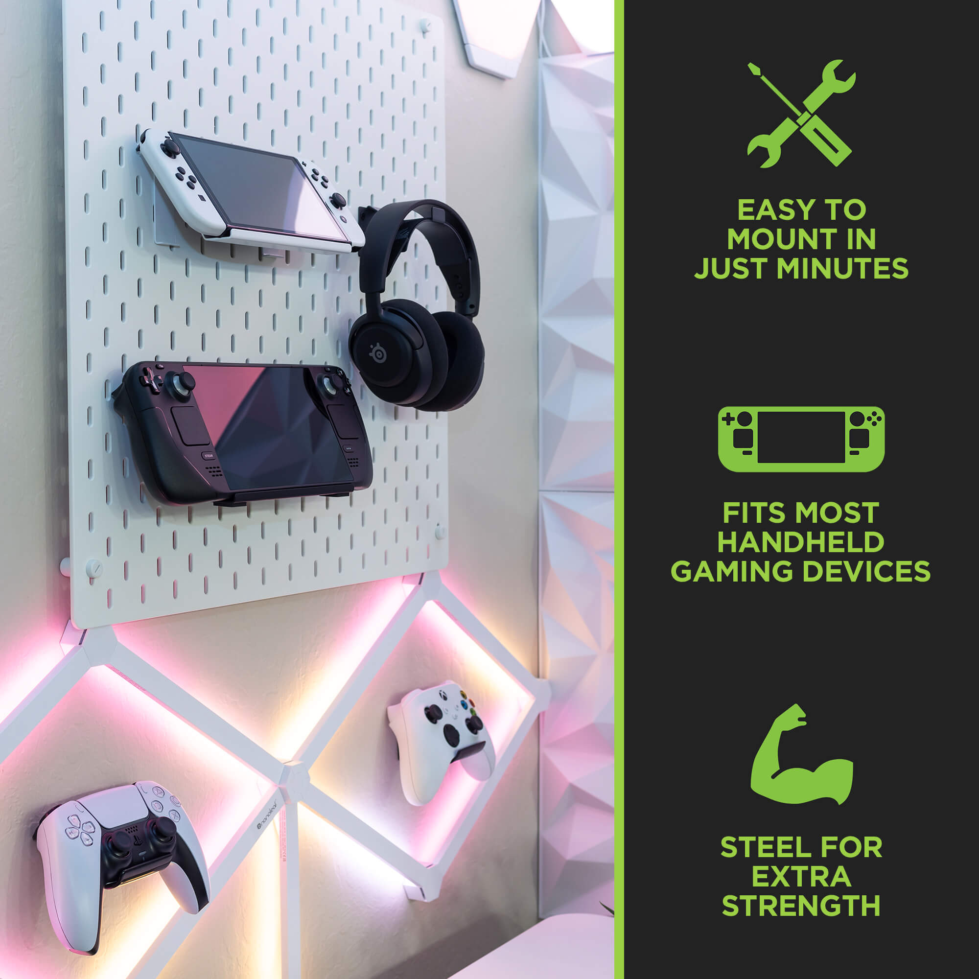 Pegboard mount the Steam Deck or Switch Lite with the HIDEit Key Mount.
