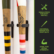 Custom-painted bats in HIDEit vertical bat holder using the HIDEit Vertical Baseball Bat Wall Mount.