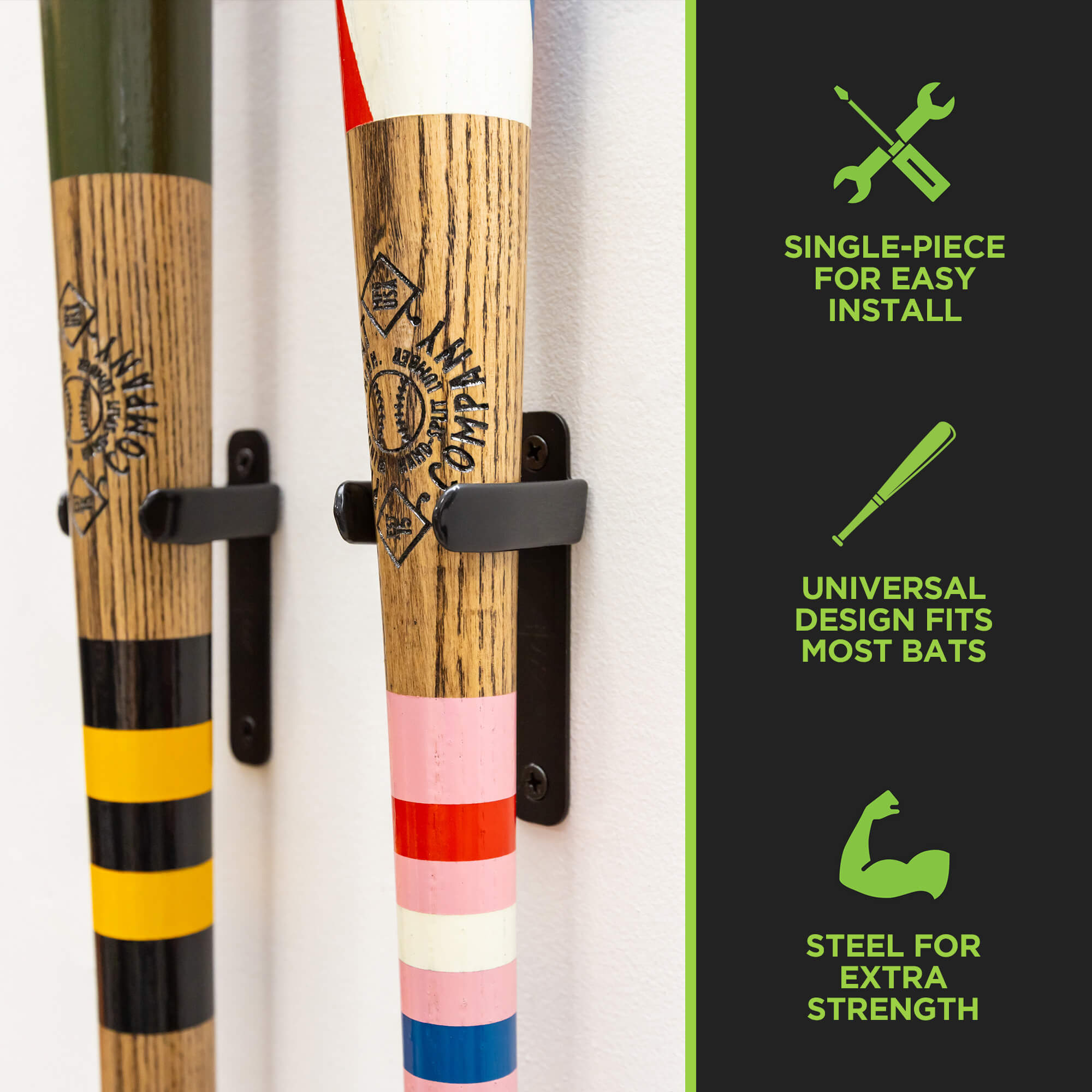Custom-painted bats in HIDEit vertical bat holder using the HIDEit Vertical Baseball Bat Wall Mount.