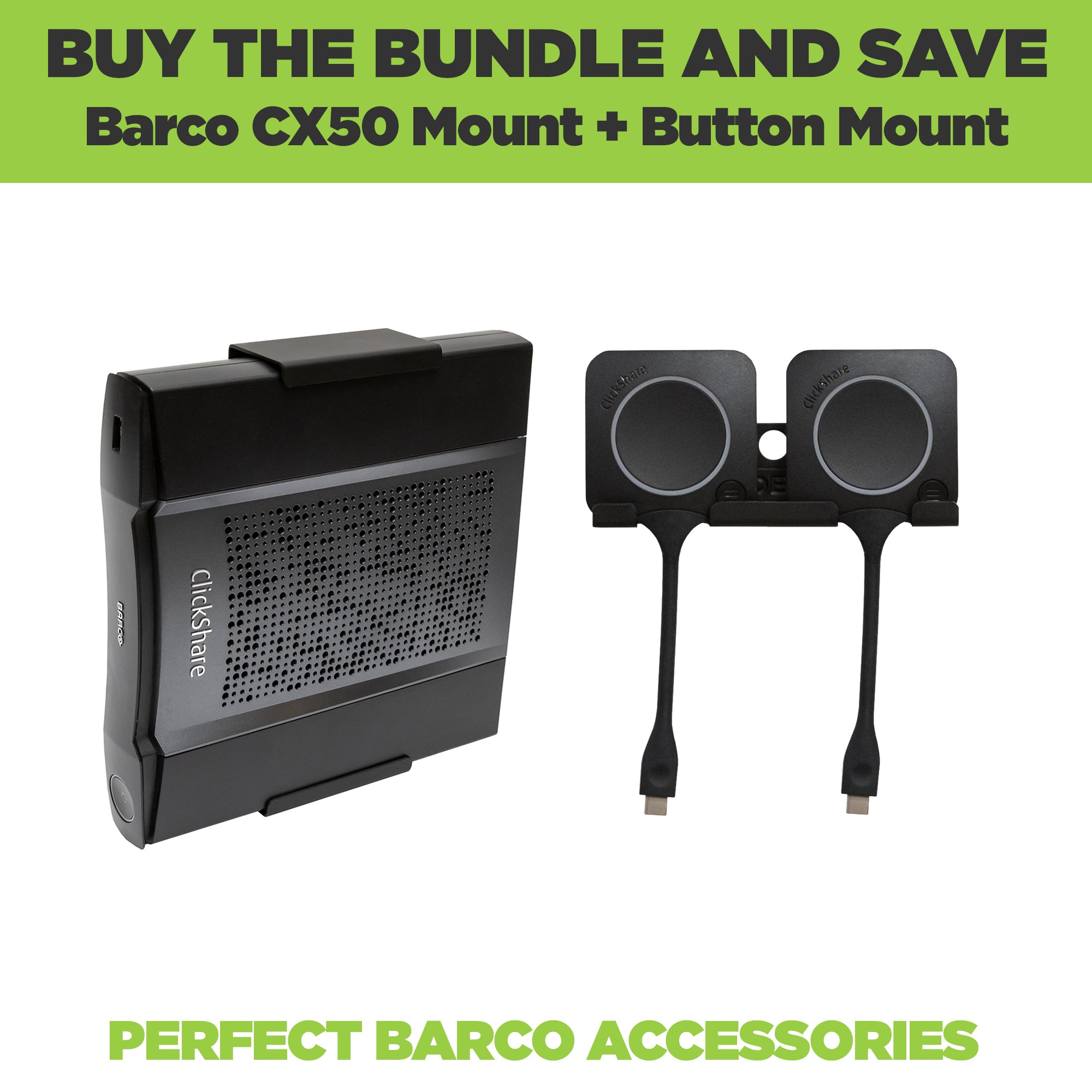 HIDEit Mounts Wall Mount Bundle for Barco devices includes a wall mount for the ClickShare CX 50 Presentation Devices and a wall mount for 2 ClickShare Buttons.