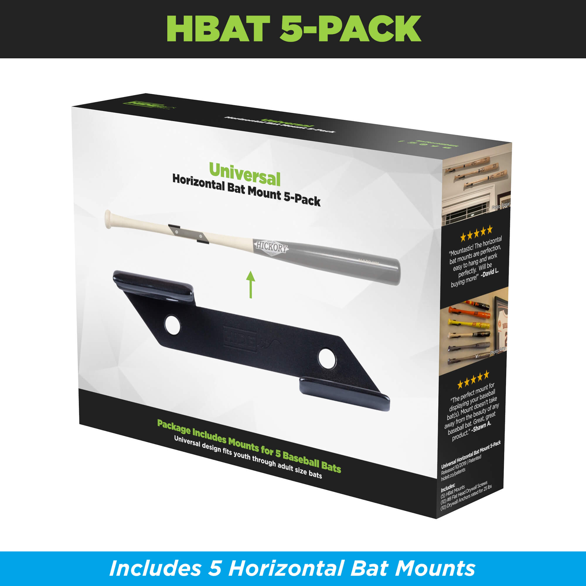 HIDEit Mounts patented Horizontal Bat Mount 5-pack packaging.