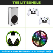 The Xbox Series S Black Wall Mount Lit Bundle. Comes with 1 HIDEit Series S Black Wall Mount, 2 Controller Wall Mounts, 1 Headset Wall Mount and 1 LED Strip.