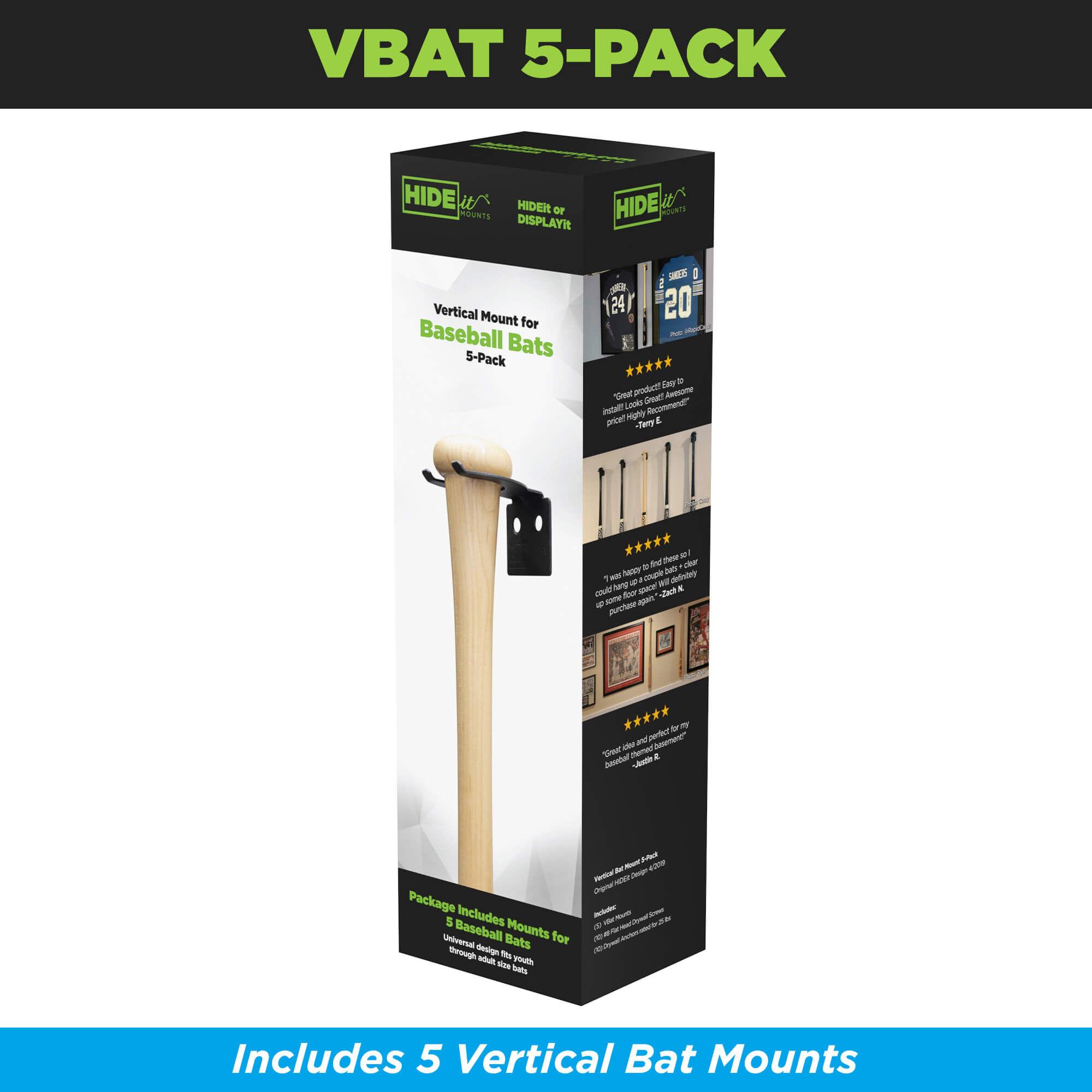 HIDEit Mounts patented Vertical Bat Mount 5-pack packaging.
