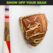 Wall mounted Stinger baseball glove in a HIDEit Glove Wall Mount.