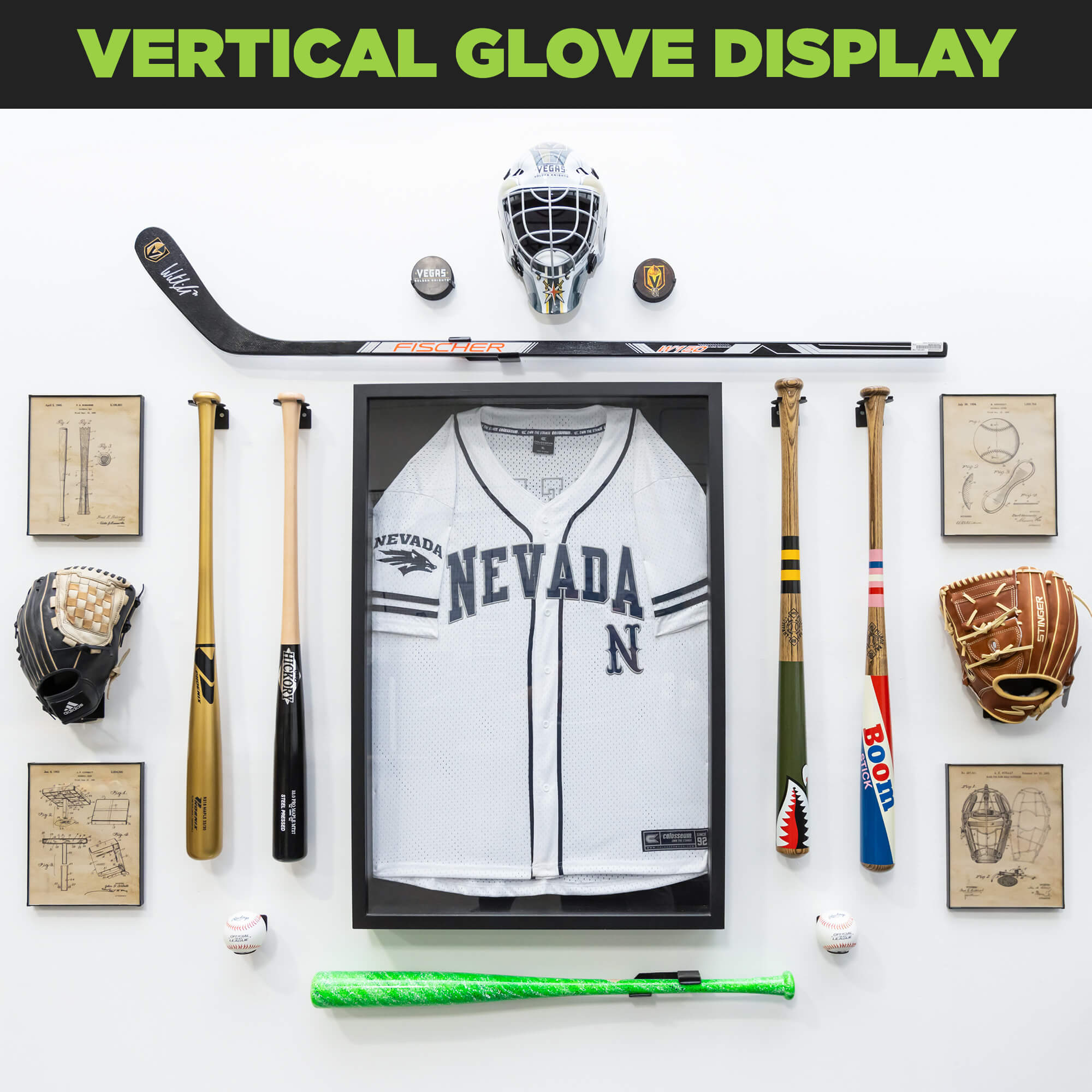 Baseball display showing two gloves wall mounted using a wall glove holder from HIDEit Mounts.