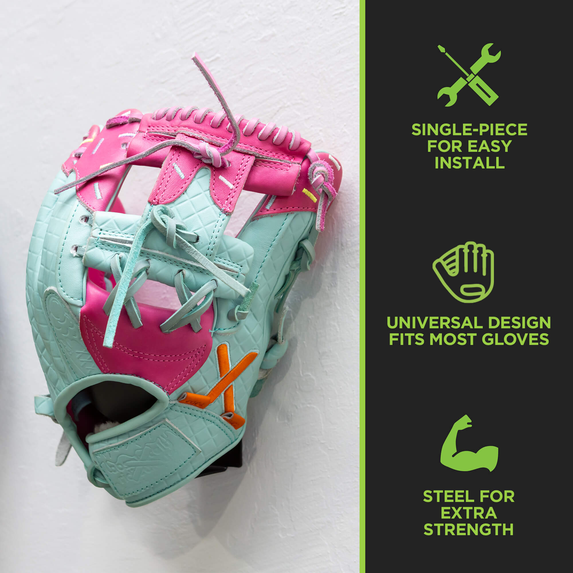Custom designed HIDEit baseball glove holder using the HIDEit Baseball Glove Wall Mount.