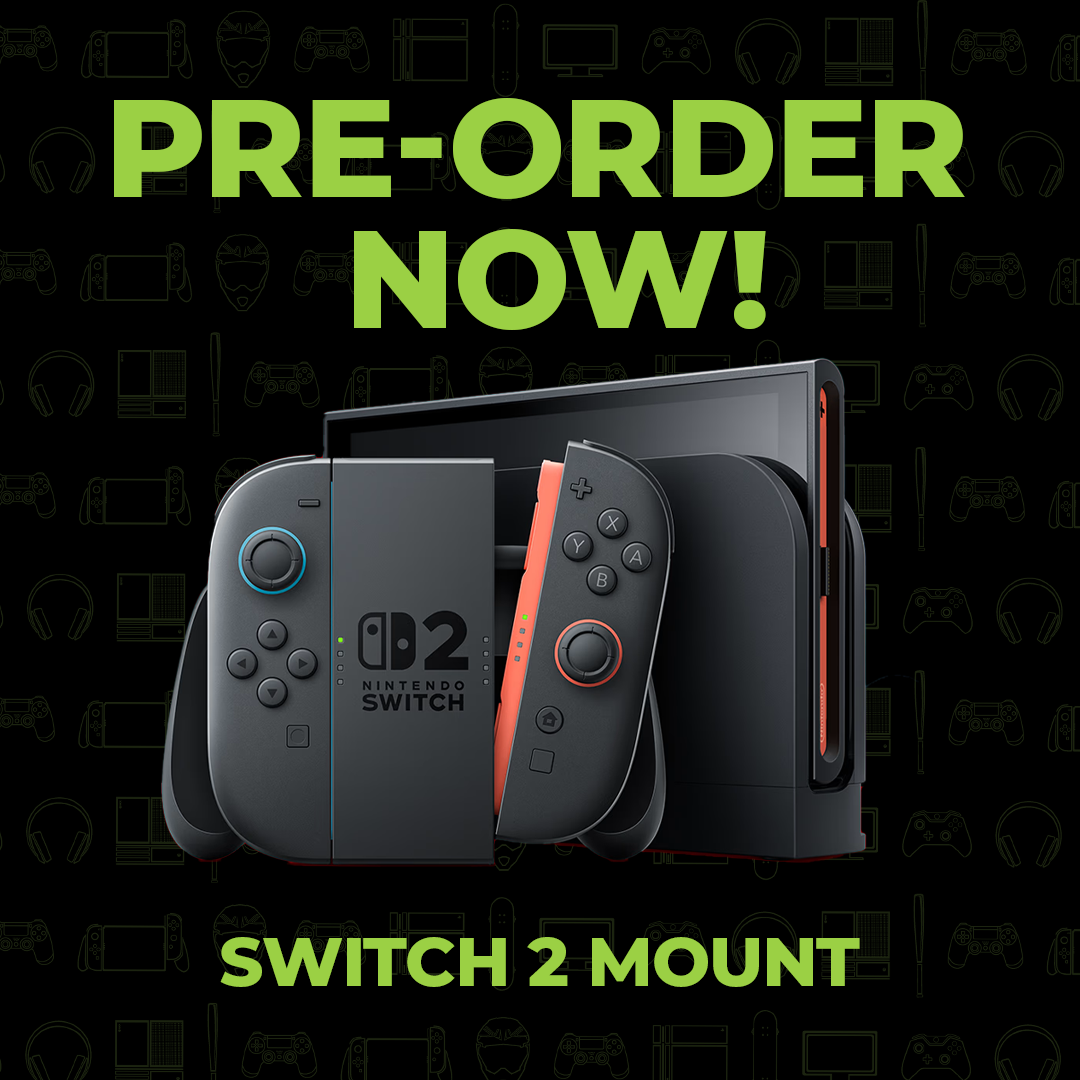 Advertisement for a Nintendo Switch 2 Mount with 'Pre-Order Now!' text on a black background with gaming console icons.