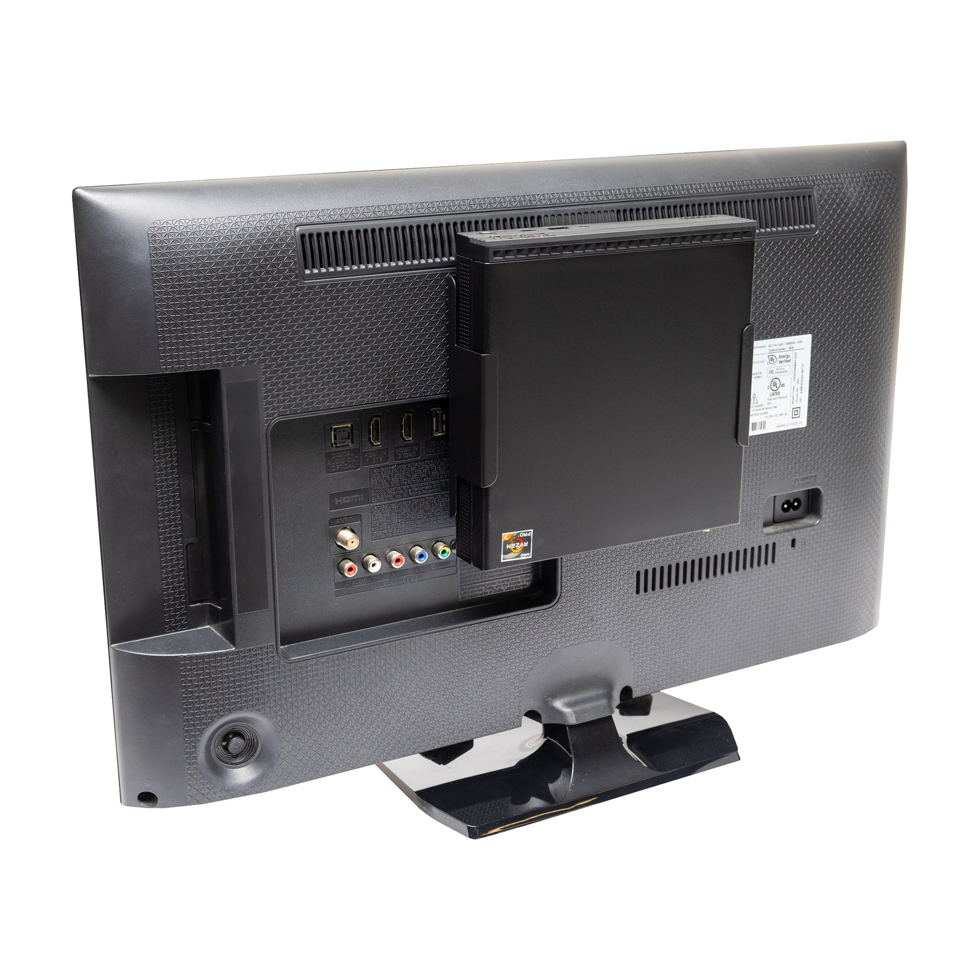 Lenovo ThinkCentre Mini PC in the HIDEit Lenovo ThinkCentre Mount VESA mounted to the back of a computer monitor.