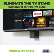 HIDEit mount for Alexa Fire TV Cube sleekly mounted behind TV for clutter free design.