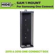 Greyed-out Samsung One Connect box held in a Samsung One Connect Mount by HIDEit Mounts.