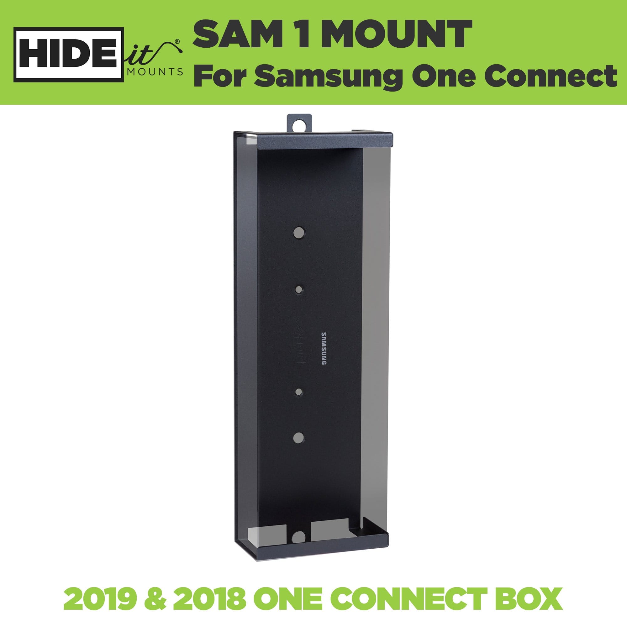 Greyed-out Samsung One Connect box held in a Samsung One Connect Mount by HIDEit Mounts.