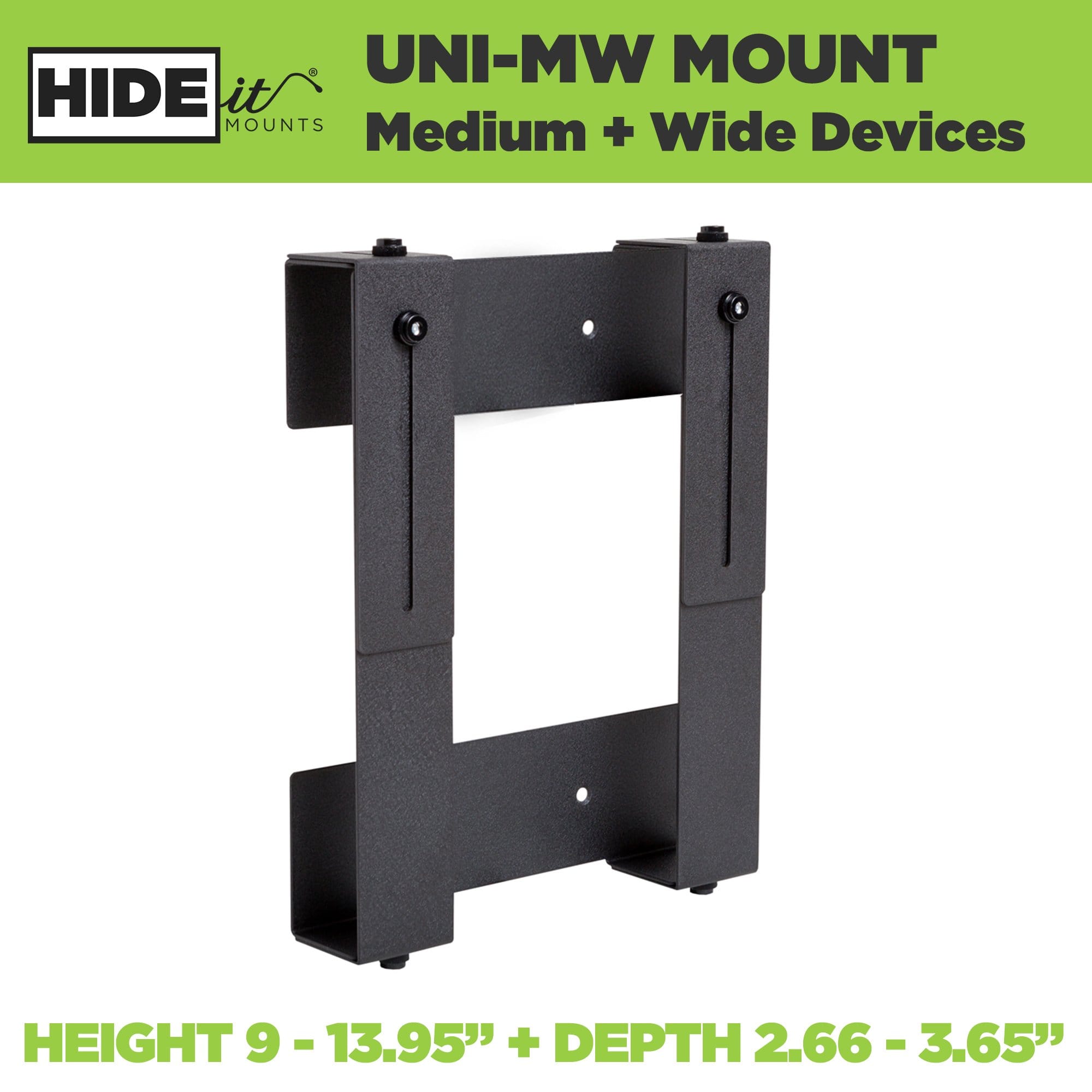 Steel adjustable wall mount for medium + wide-sized electronic devices, made by HIDEit Mounts.