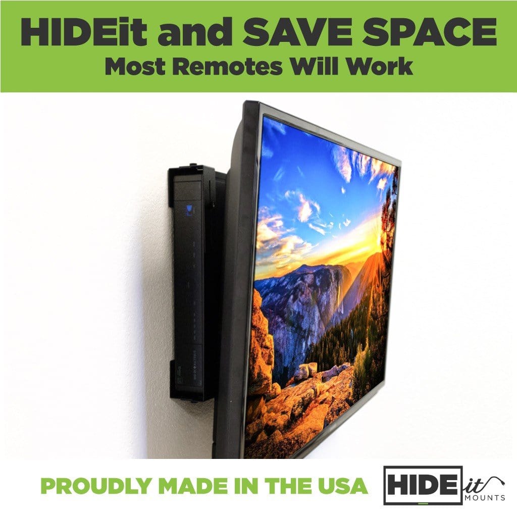 HIDEit and save space. Most remotes will work. A cable box is mounted behind a TV.