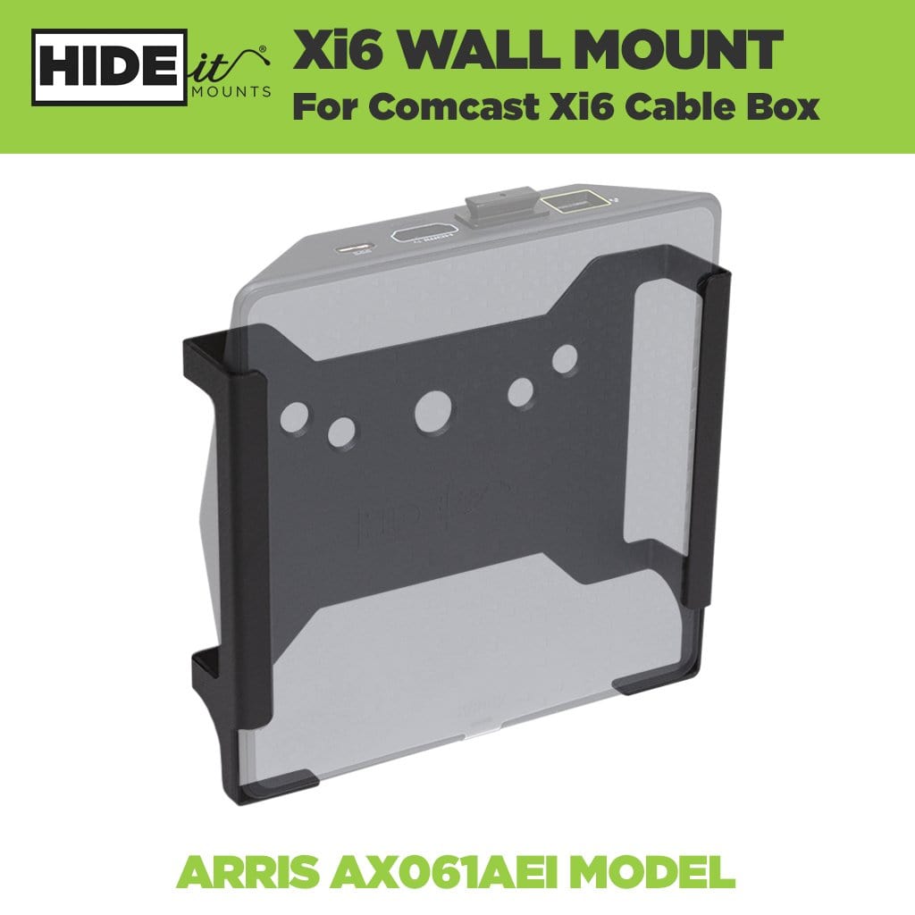 Greyed out Xi6 cable box in a black, steel HIDEit Xi6 Mount to be wall mounted.