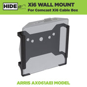 Greyed out Xi6 cable box in a black, steel HIDEit Xi6 Mount to be wall mounted.