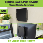 The HIDEit Mount for the Lenovo ThinkCentre M Series PC can we wall mounted, VESA mounted or under-desk mounted. 