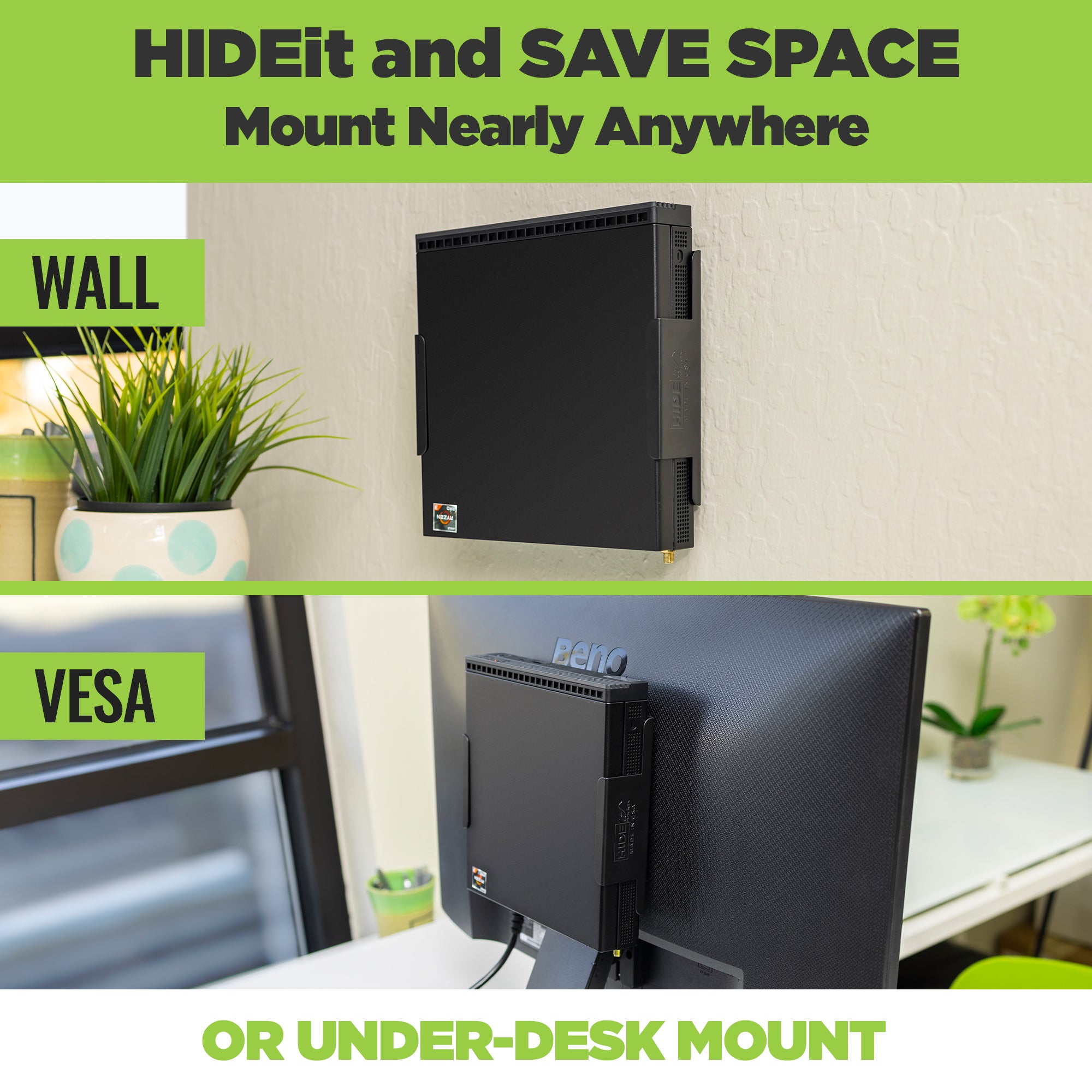 The HIDEit Mount for the Lenovo ThinkCentre M Series PC can we wall mounted, VESA mounted or under-desk mounted.