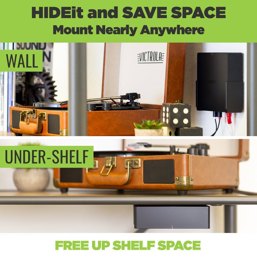 Sonos Port mounted in the HIDEit Port Wall Mount next to Victrola Record Player on a shelf.