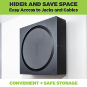 Sonos Amplifier mounted in a cabinet in a steel HIDEit Mounts wall mount.