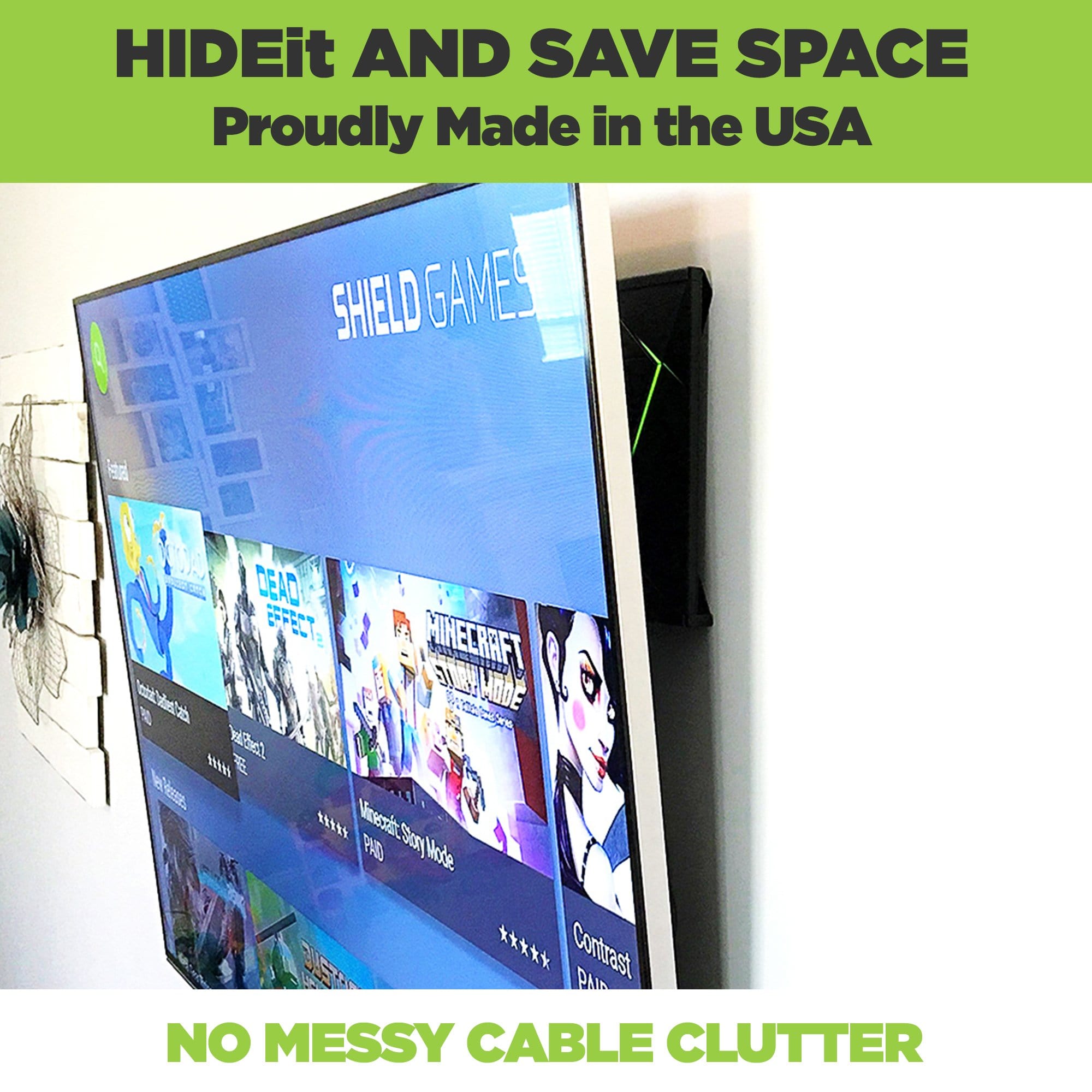 NVIDIA Shield TV wall mounted behind the TV in the HIDEit NVIDIA Shield Wall Mount