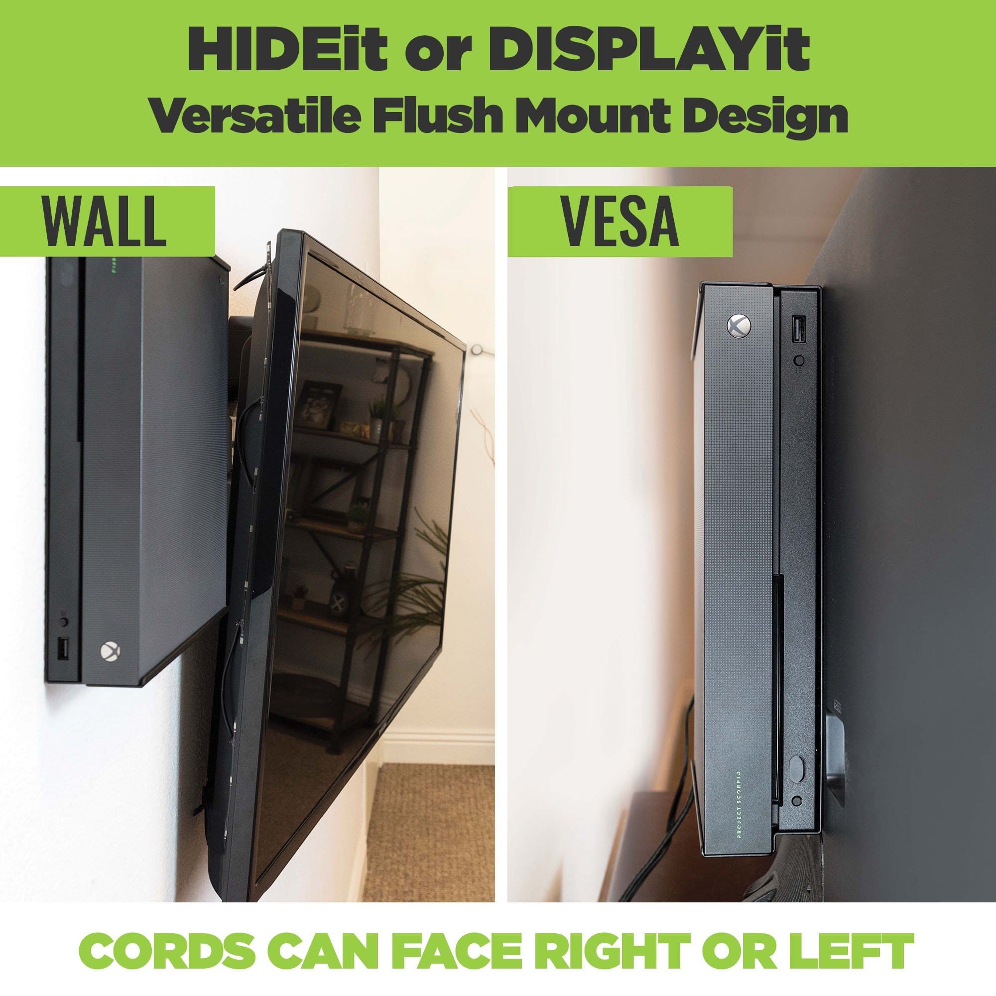 X1X displayed on wall and behind TV using a steel HIDEit mount.