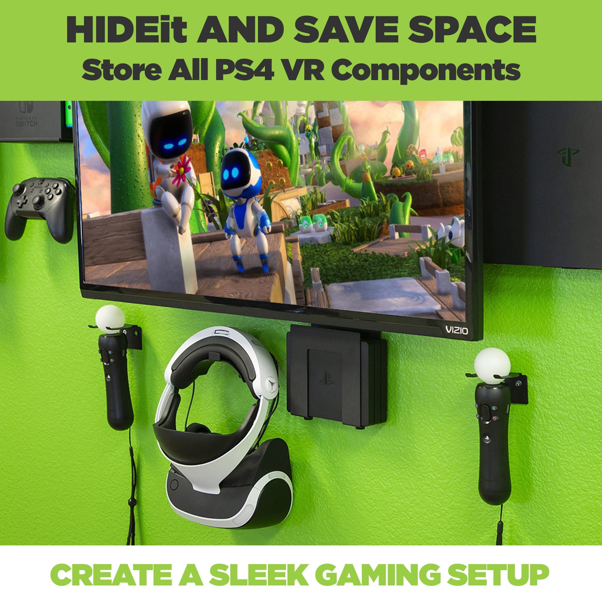 PlayStation VR bundle mounted on the wall under a wall mounted TV in HIDEit Mounts.