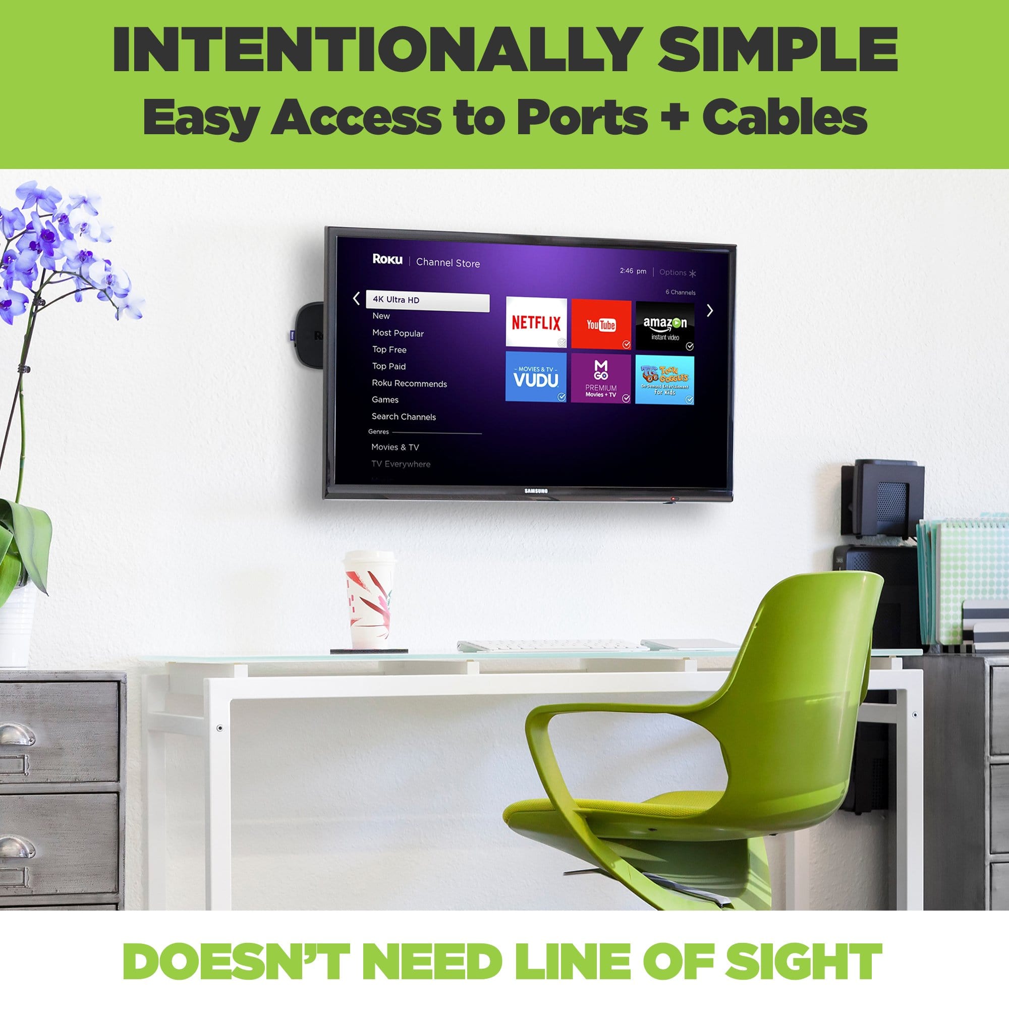 New Roku Ultra 2020 hidden behind a wall mounted TV. HIDEit Roku Mount is perfect to create an organized home office setup.