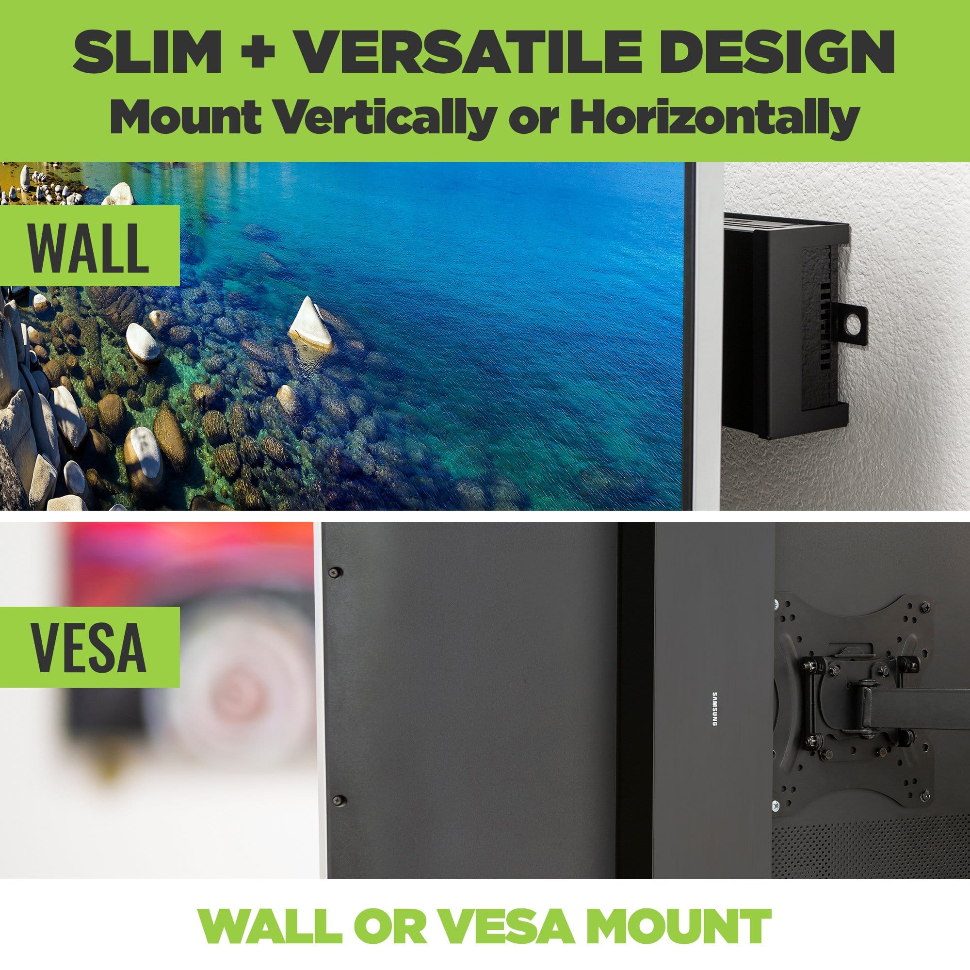 HIDEit Samsung One Connect wall mounted behind the TV and VESA mounted directly to the back of the TV.