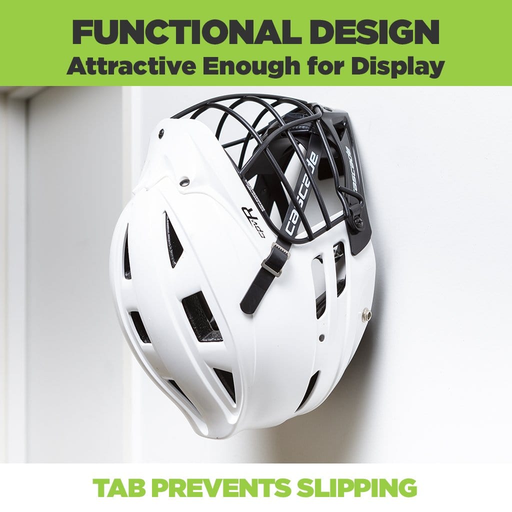 HIDEit Mounts Uni-H wall mount with a white baseball helmet securely mounted on the wall.